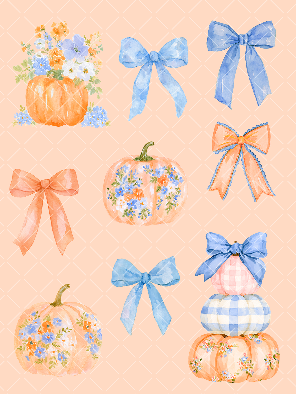 Preppy Watercolor Pumpkin and Bow Clipart Set