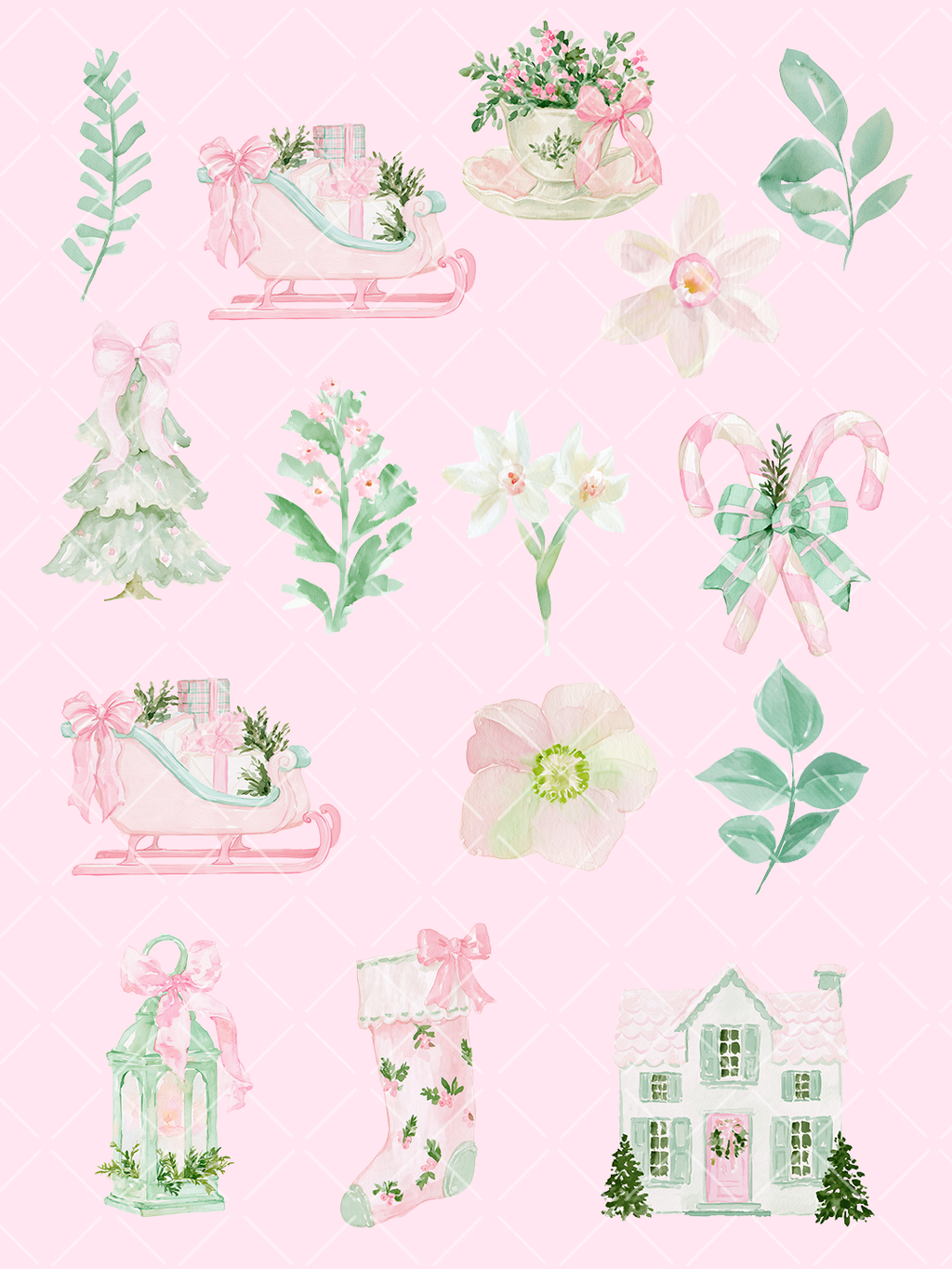 Pink Christmas Watercolor Clipart Set – 28 PNG Files
