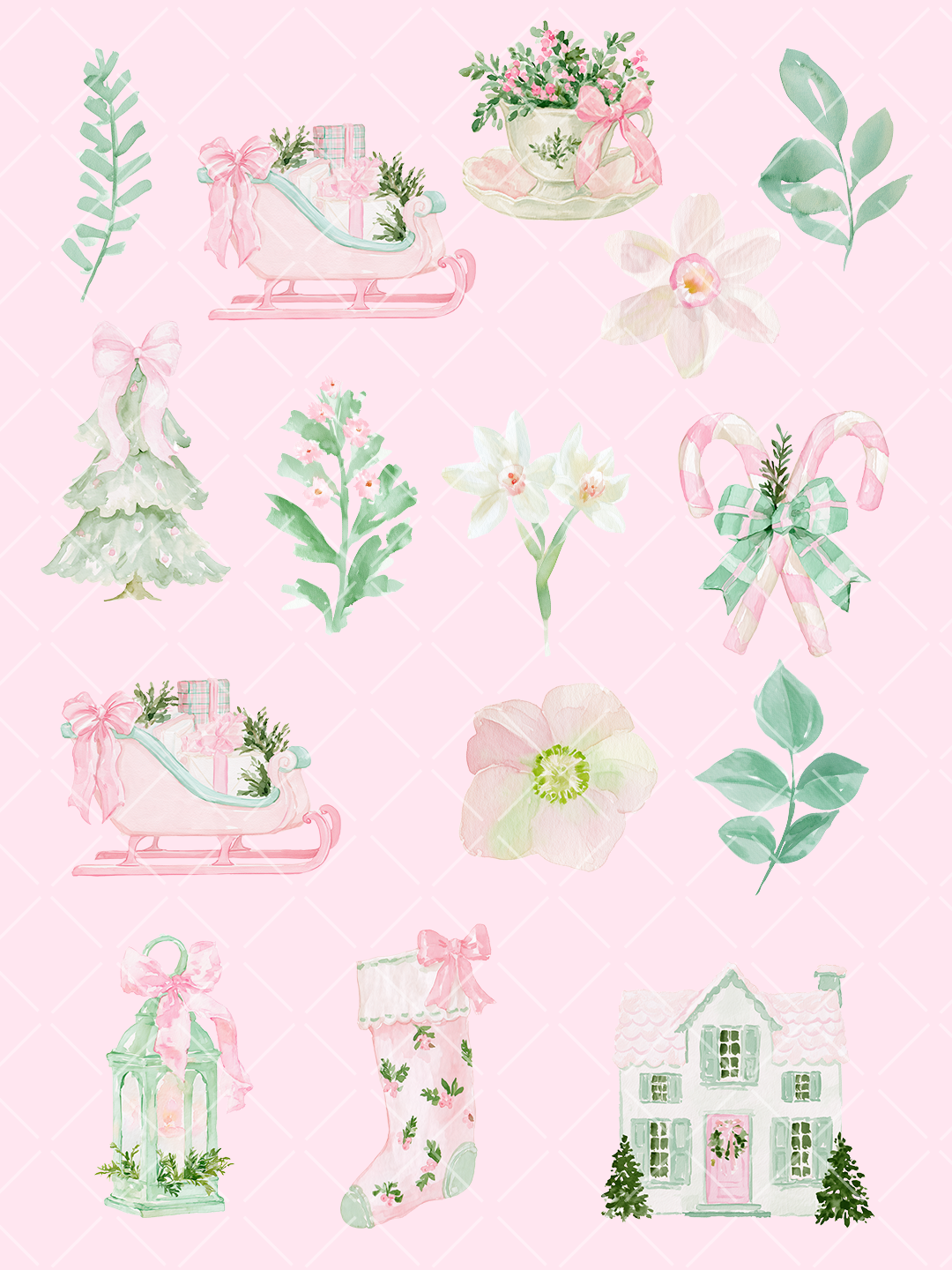 Pink Christmas Watercolor Clipart Set – 28 PNG Files
