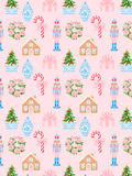 Watercolor-style Christmas pattern with nutcrackers, chinoiserie jars, gingerbread houses, trees, floral wreaths, gifts, and bow-tied candy canes on pink lattice.