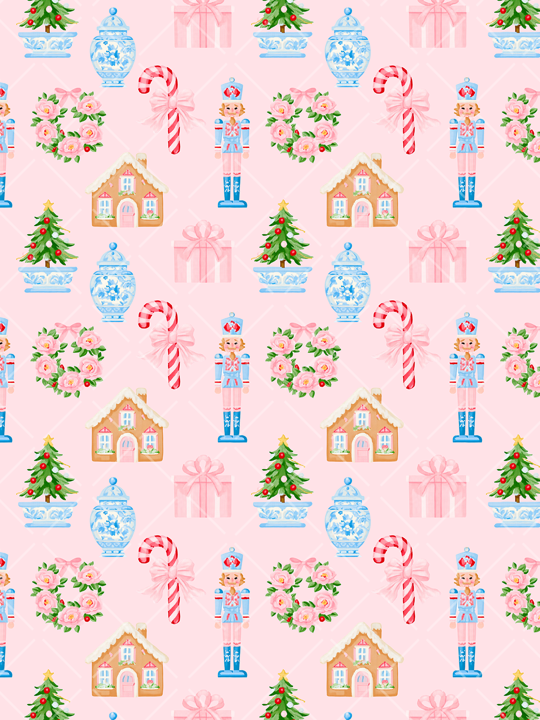 Watercolor-style Christmas pattern with nutcrackers, chinoiserie jars, gingerbread houses, trees, floral wreaths, gifts, and bow-tied candy canes on pink lattice.