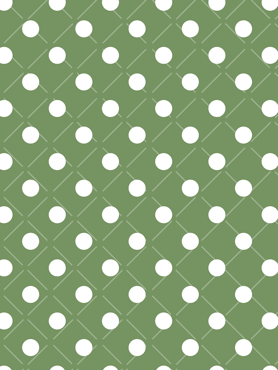 Seamless pattern with large white polka dots and a light diagonal lattice over a muted green background.