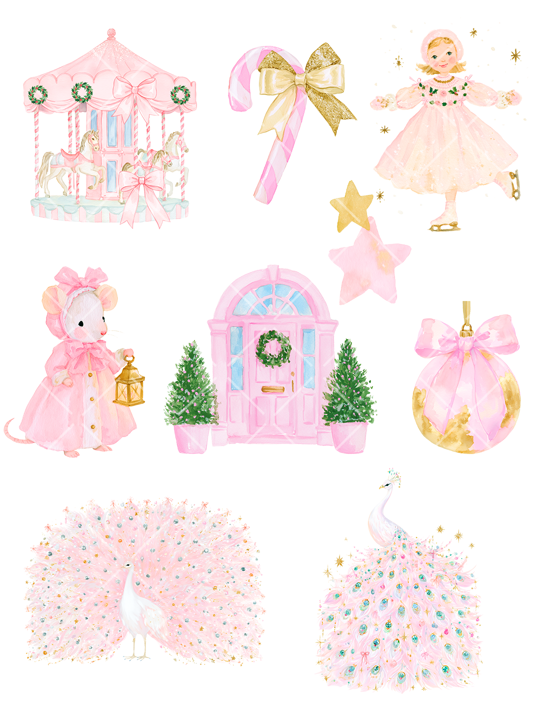 Pink Christmas Watercolor Clipart Bundle - 72 PNG Files