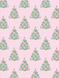 Watercolor Christmas trees decorated with pink bows, pastel ornaments, and gold stars on a pink-and-white striped seamless background