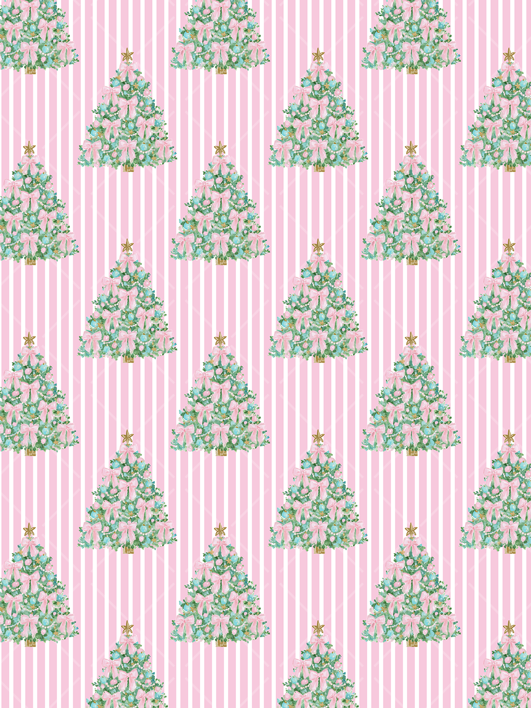 Watercolor Christmas trees decorated with pink bows, pastel ornaments, and gold stars on a pink-and-white striped seamless background