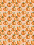 Seamless fall pattern of hand-painted orange pumpkins and green leafy stems on a soft peach diagonal plaid background.