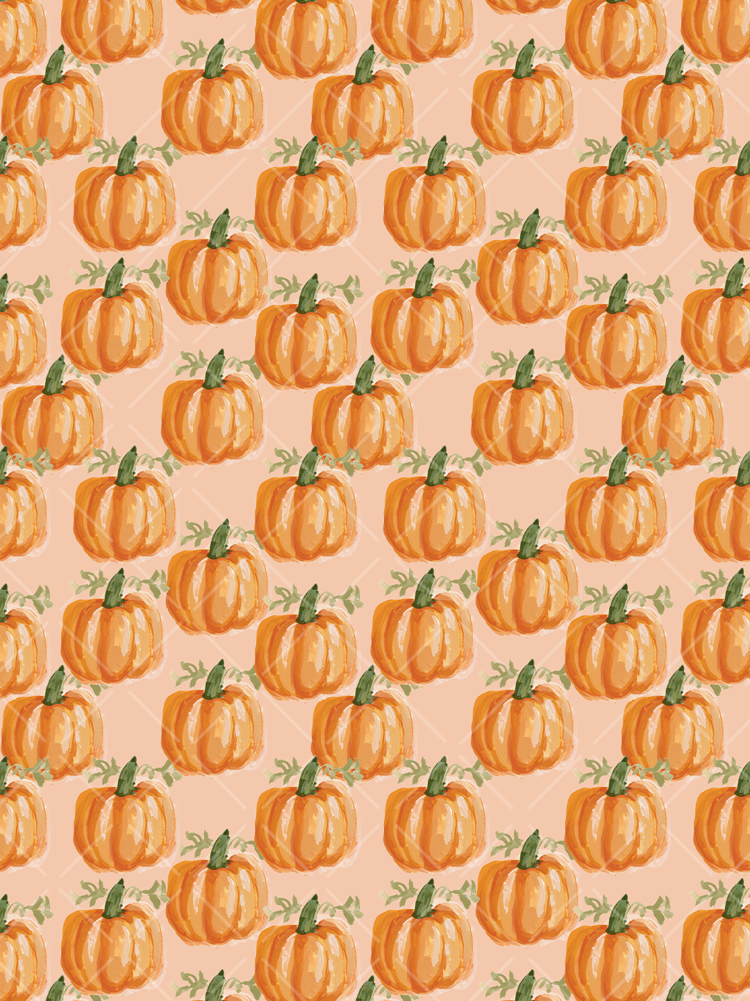Seamless fall pattern of hand-painted orange pumpkins and green leafy stems on a soft peach diagonal plaid background.