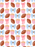 Watercolor seamless pattern with brown footballs, pink popcorn tubs, pink bows, and blue gingham football bows on white