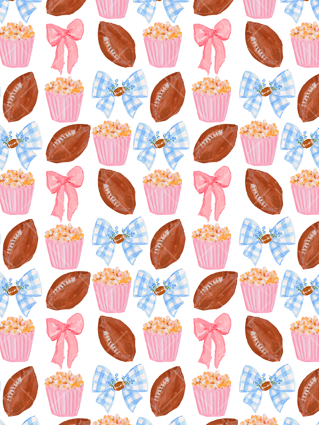 Watercolor seamless pattern with brown footballs, pink popcorn tubs, pink bows, and blue gingham football bows on white