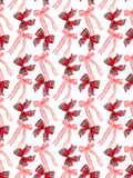 Watercolor seamless pattern of long pink ribbon bows and red tartan plaid bows arranged on a white background