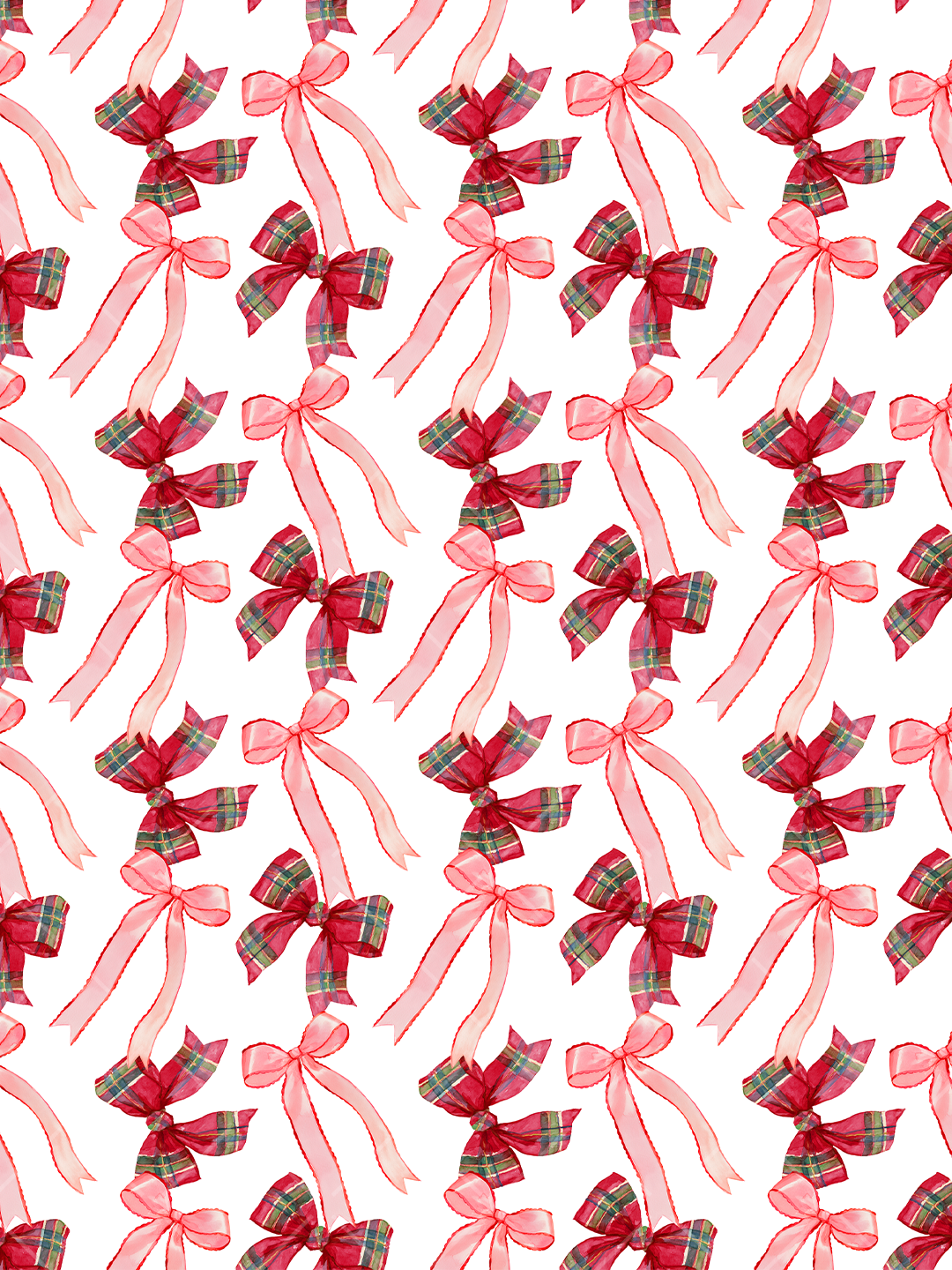 Watercolor seamless pattern of long pink ribbon bows and red tartan plaid bows arranged on a white background