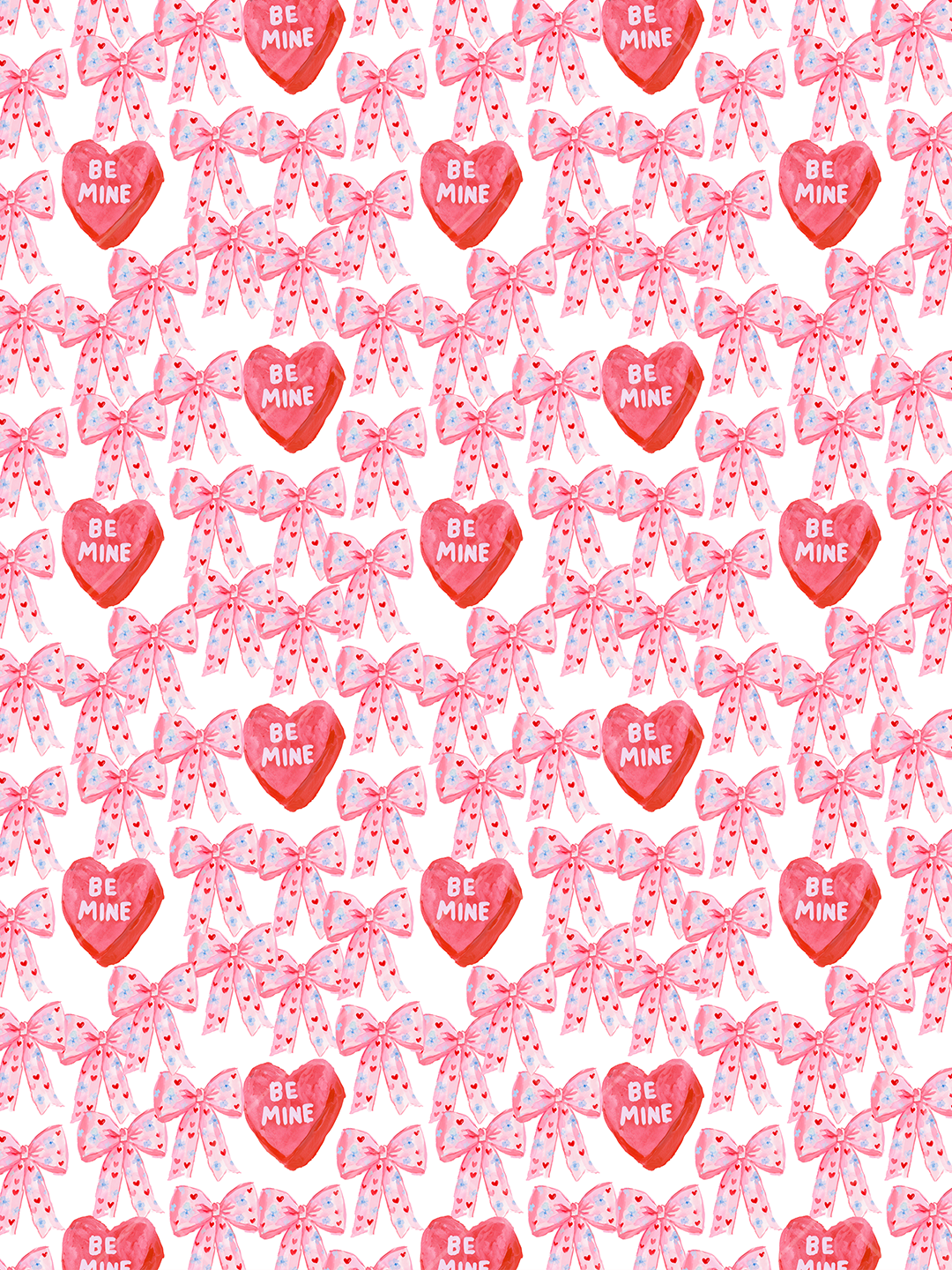 Watercolor seamless Valentine pattern with pink ribbon bows, tiny heart accents, and red Be Mine candy hearts on white