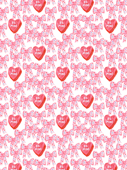 Watercolor seamless Valentine pattern with pink ribbon bows, tiny heart accents, and red Be Mine candy hearts on white