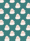 Watercolor-style pink-hatted Santa faces repeating over a teal diamond lattice background with white snow dots.