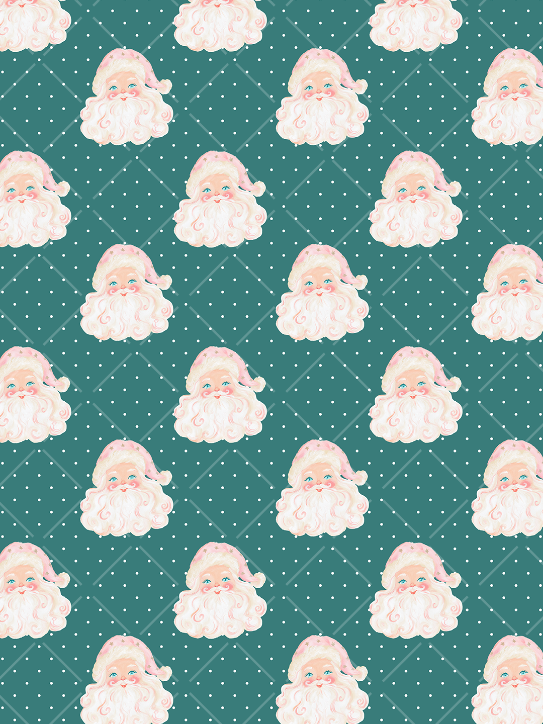 Watercolor-style pink-hatted Santa faces repeating over a teal diamond lattice background with white snow dots.