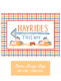 Watercolor Hayrides This Way directional sign with a left arrow, pumpkins, hay bales, red tractor, and colorful plaid border.