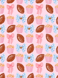 Watercolor seamless pattern with brown footballs, pink popcorn cartons, pink bows, and blue gingham bows on a pale pink diamond background.