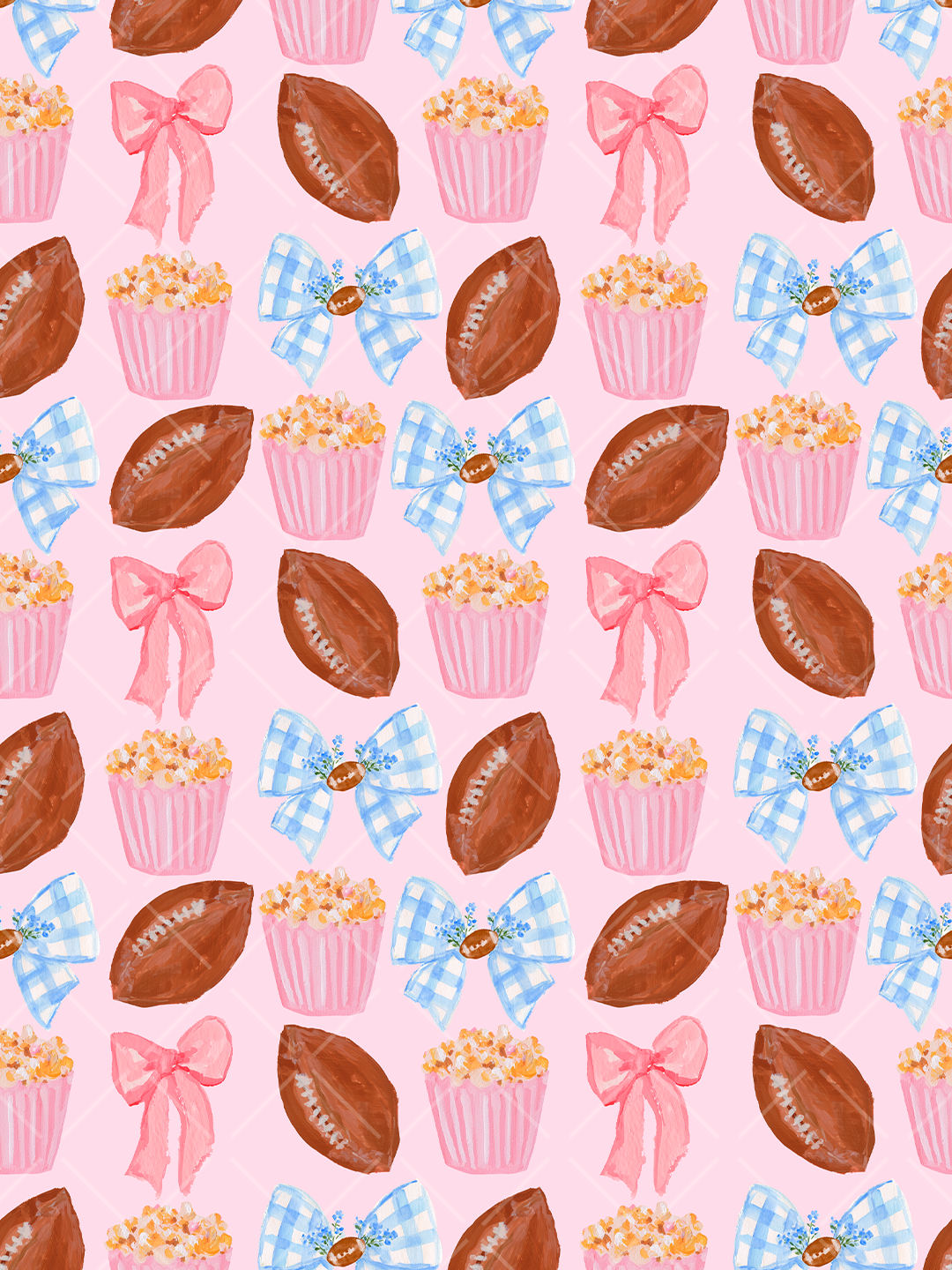 Watercolor seamless pattern with brown footballs, pink popcorn cartons, pink bows, and blue gingham bows on a pale pink diamond background.