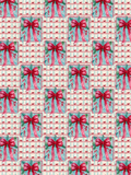 Watercolor Christmas seamless pattern with large red bows, aqua ribbon tails, evergreen sprigs, berries, and small bows over aqua and cream stripes.