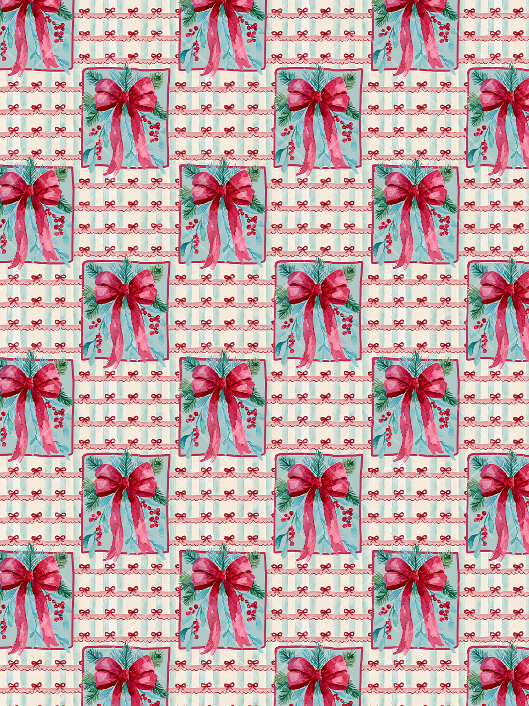 Watercolor Christmas seamless pattern with large red bows, aqua ribbon tails, evergreen sprigs, berries, and small bows over aqua and cream stripes.
