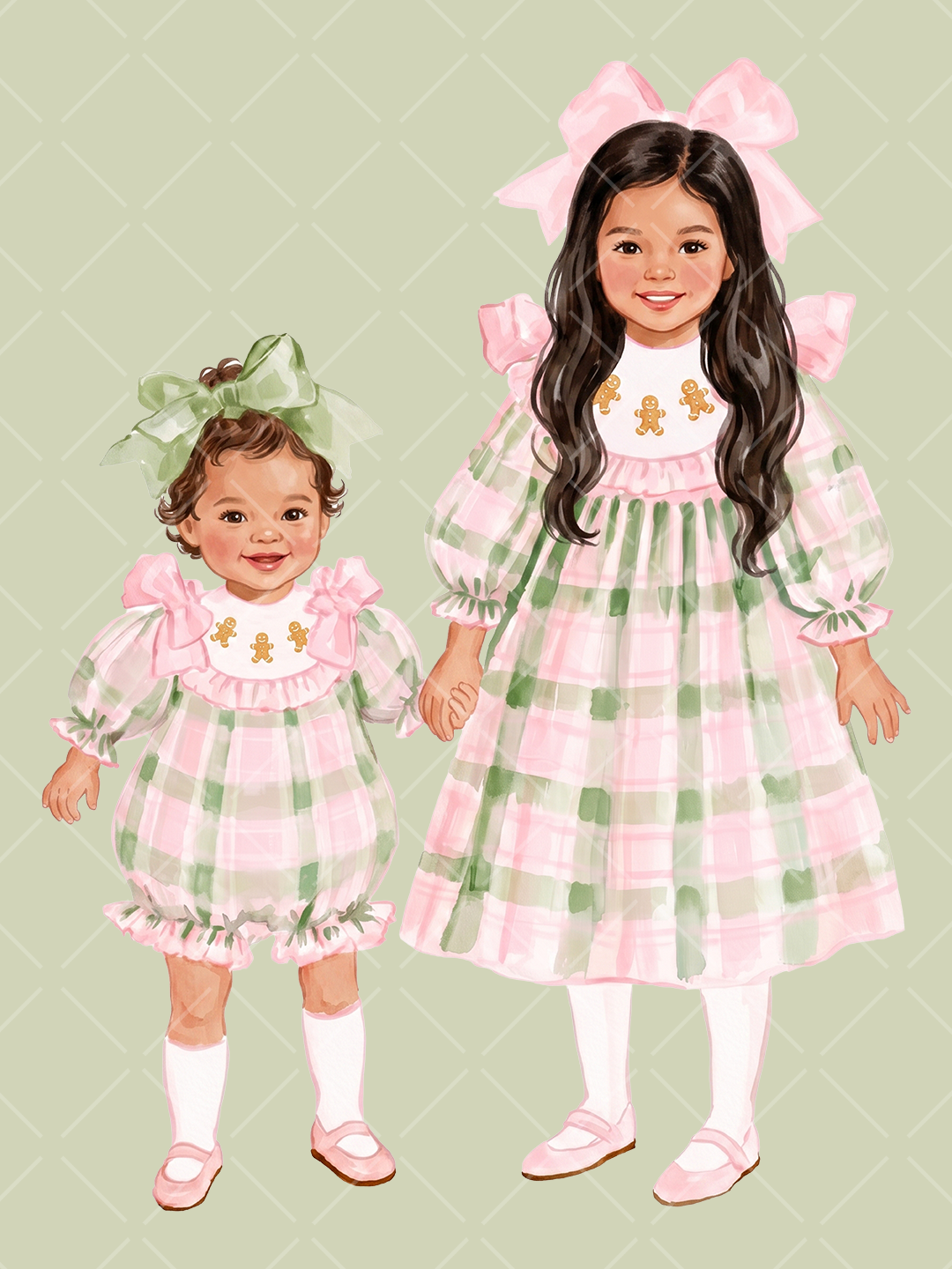 Multicultural Christmas Sisters Watercolor Clipart Set