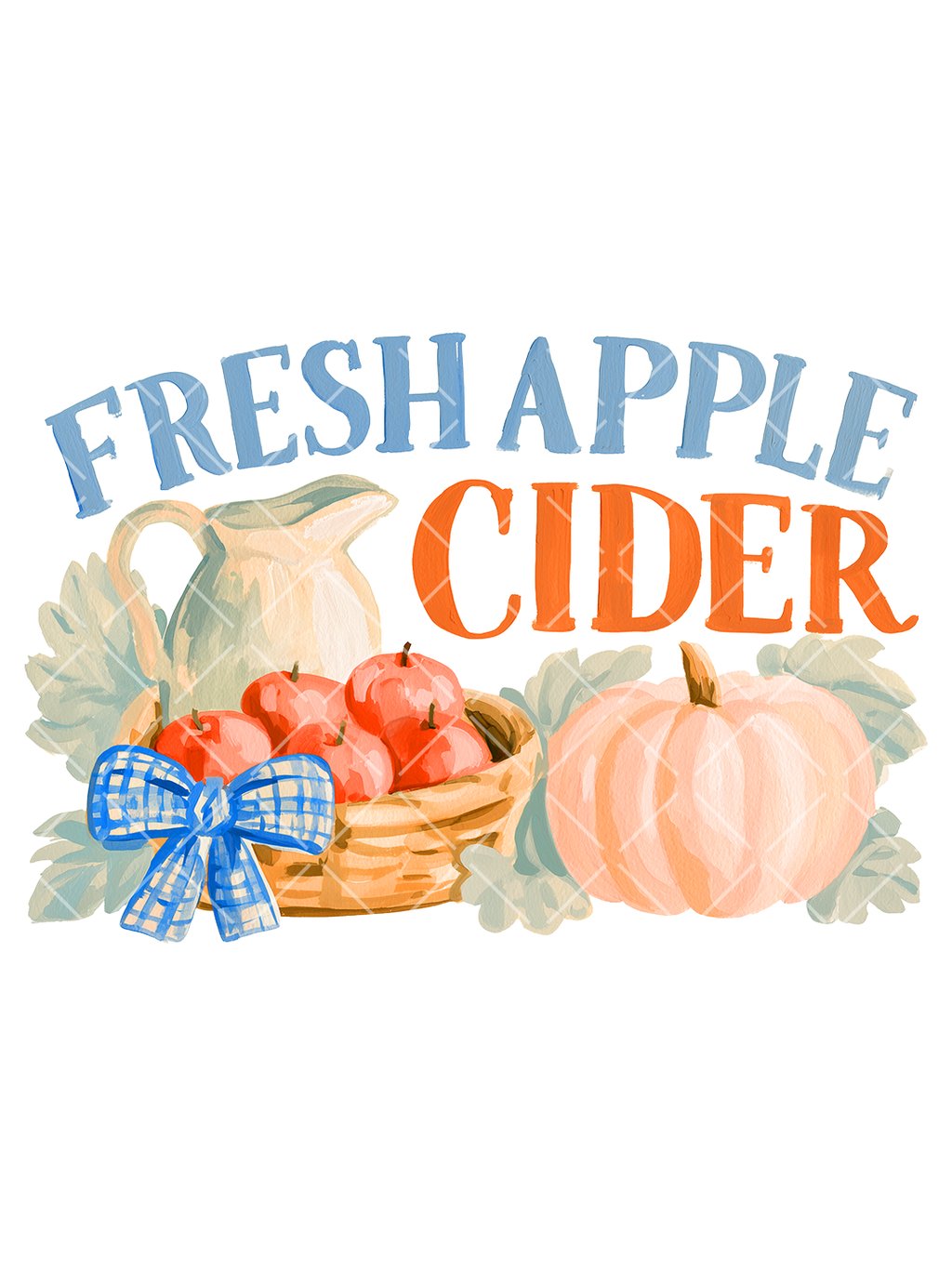 Watercolor Fresh Apple Cider design with blue and orange lettering, a basket of red apples, blue gingham bow, pale pumpkin, pitcher, and leafy accents.