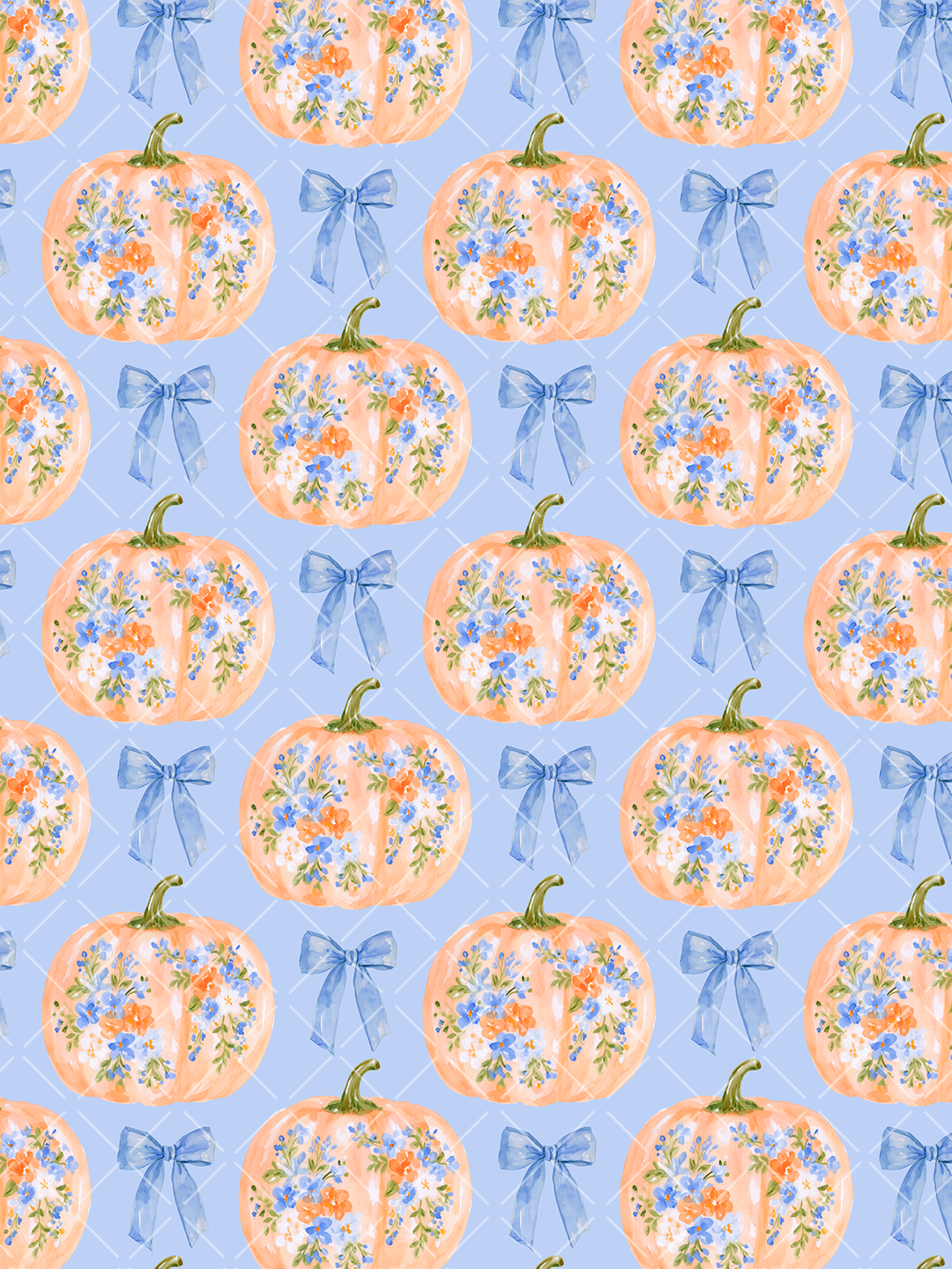 Watercolor seamless fall pattern with peach floral pumpkins and blue bows on a pale blue diamond lattice background.