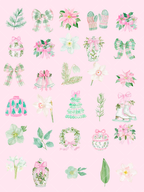 Watercolor pink and green Christmas clipart featuring bows, poinsettias, ornaments, mittens, ice skates, a sweater, tree, wreath, ginger jars, flowers, and greenery.