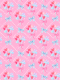 Pink watercolor seamless pattern with heart-shaped balloon bouquets, blue bows, and a delicate diagonal trellis background.
