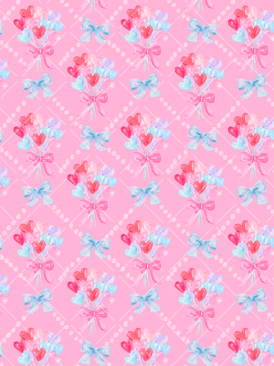Pink watercolor seamless pattern with heart-shaped balloon bouquets, blue bows, and a delicate diagonal trellis background.