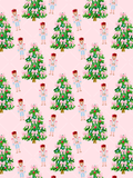 Pink seamless Christmas pattern with bow-covered green trees, colorful ornaments, pink and blue nutcrackers, and a pale diamond background.