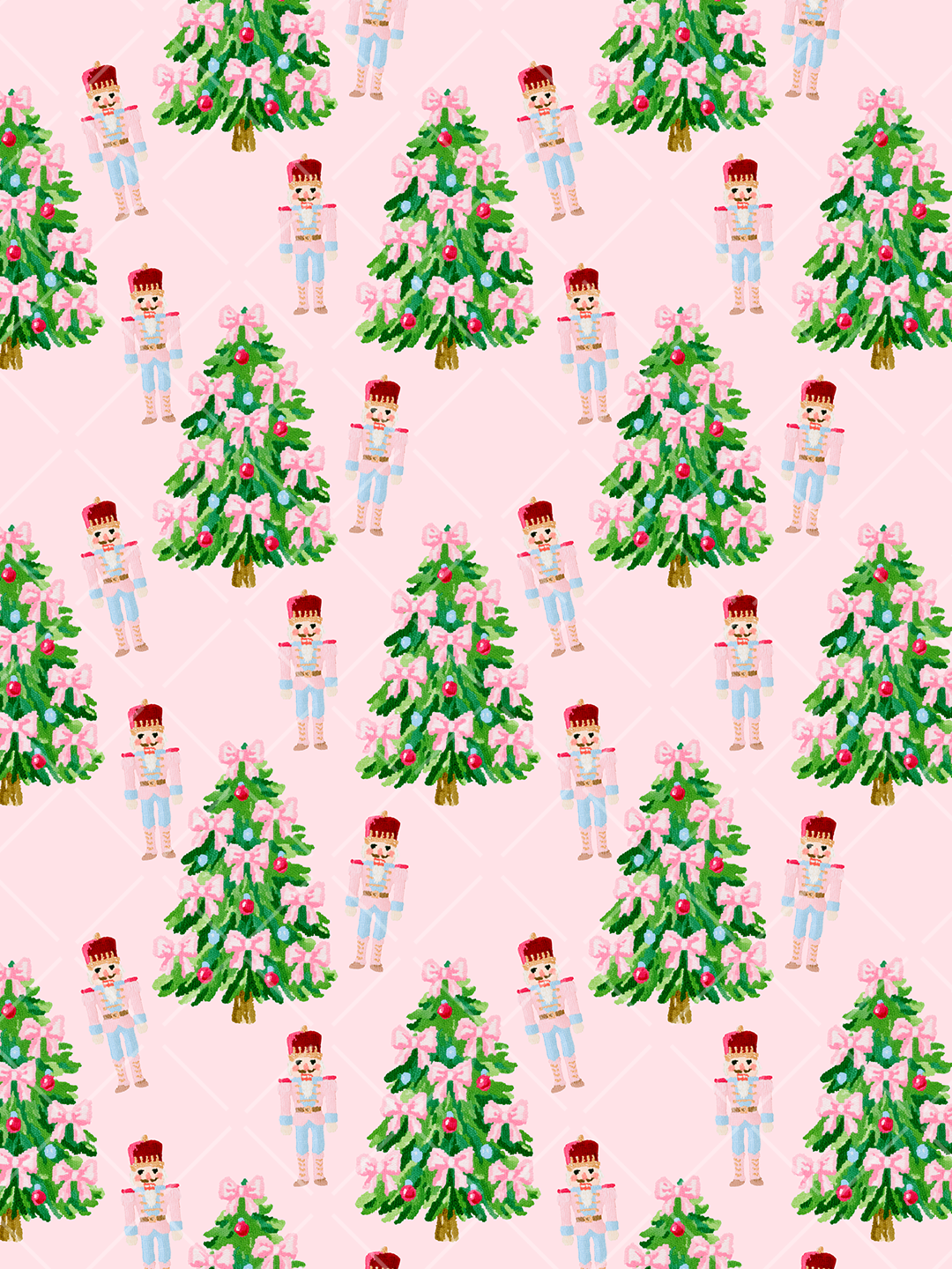 Pink seamless Christmas pattern with bow-covered green trees, colorful ornaments, pink and blue nutcrackers, and a pale diamond background.