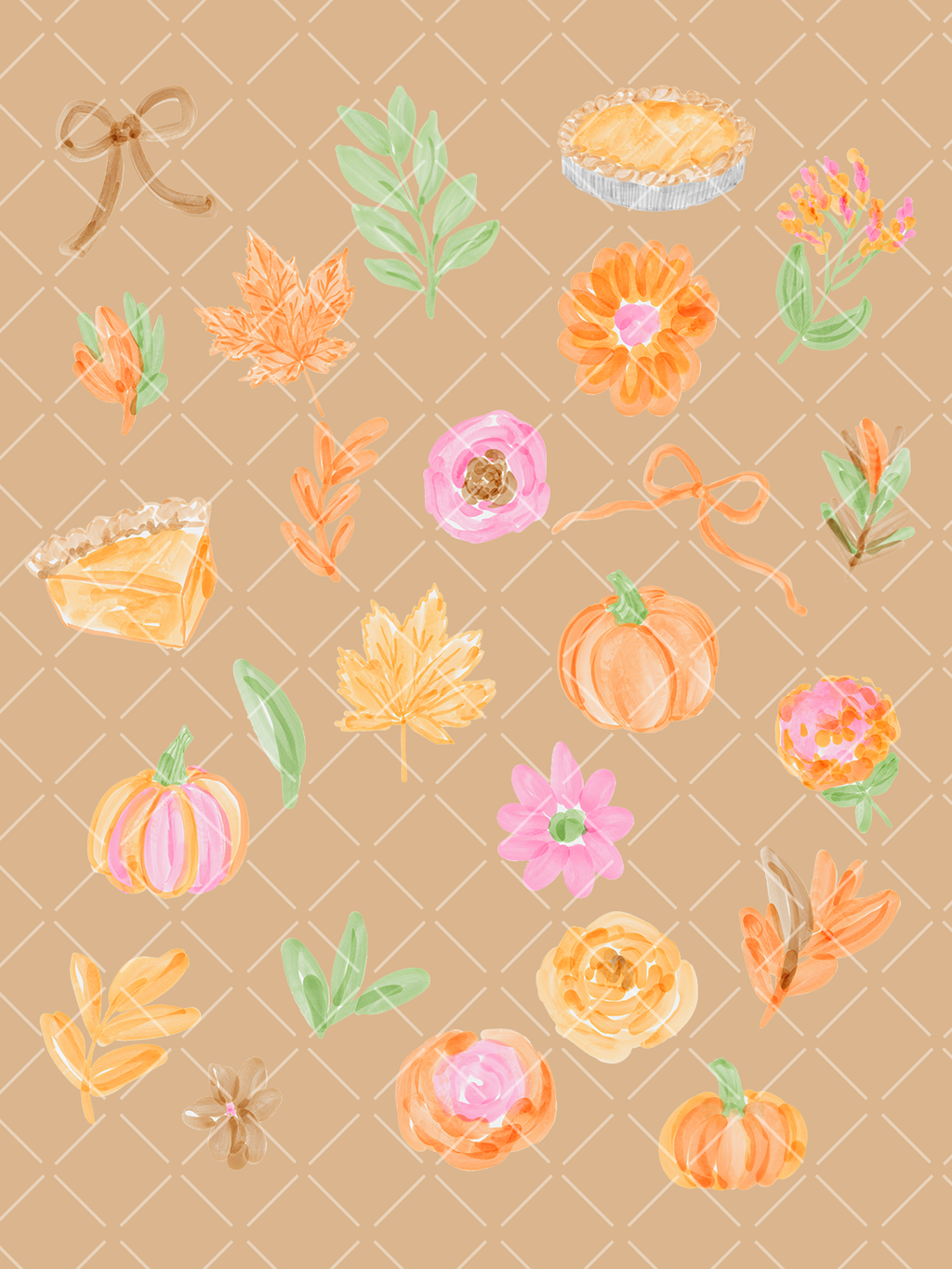 Preview of 25 watercolor fall clipart elements with orange and pink pumpkins, autumn leaves, florals, greenery, ribbon bows, and seasonal pie.