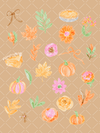 Preview of 25 watercolor fall clipart elements with orange and pink pumpkins, autumn leaves, florals, greenery, ribbon bows, and seasonal pie.