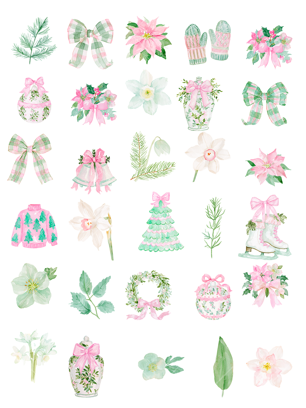 Pink and Green Christmas Watercolor Clipart Bundle