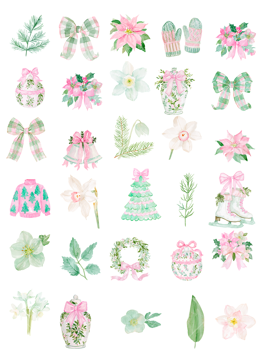 Pink and Green Christmas Watercolor Clipart Bundle