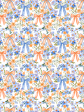 Watercolor seamless pattern with blue and peach flower bouquets, green leaves, and oversized blue and peach bows on white.