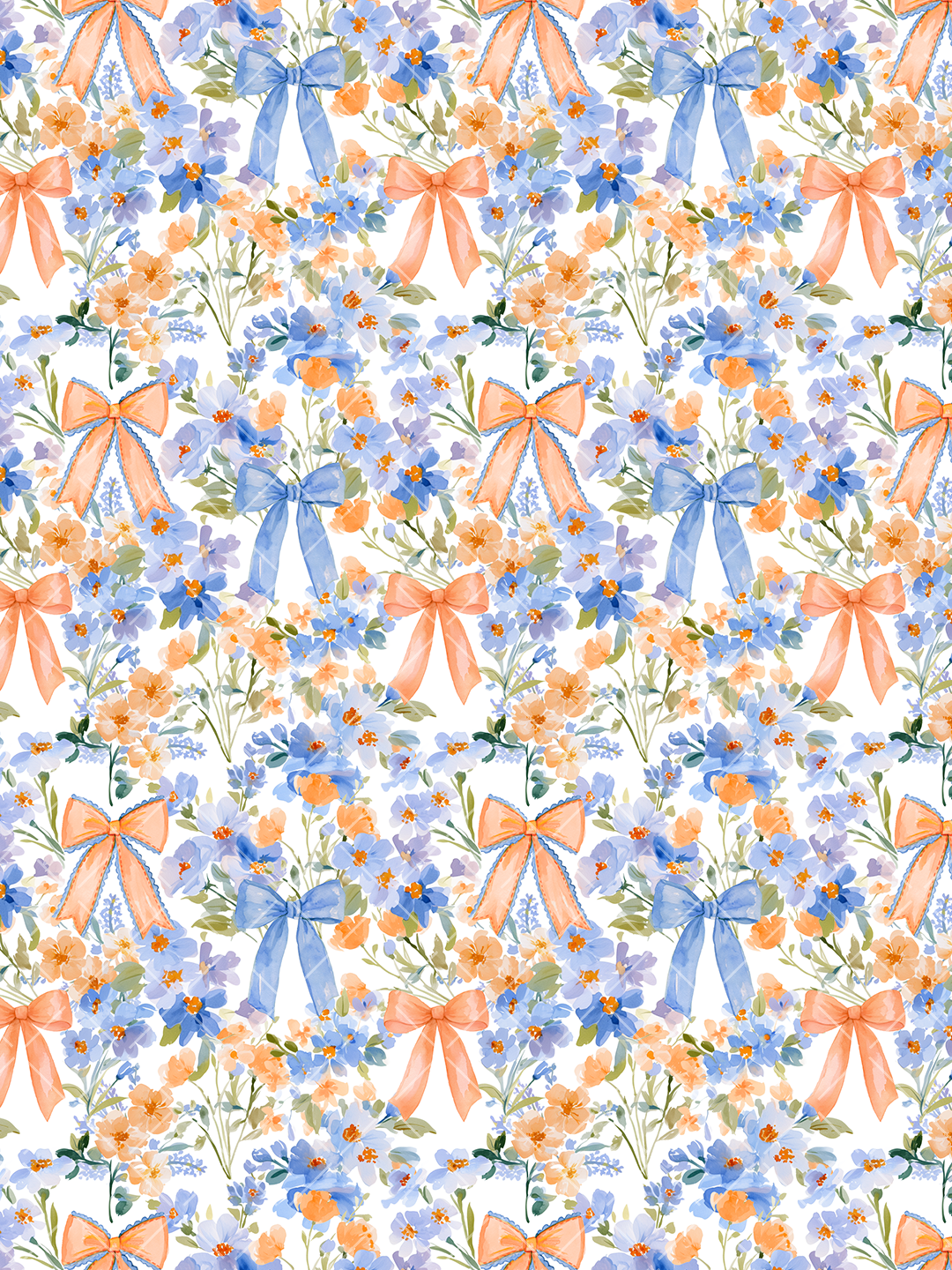 Watercolor seamless pattern with blue and peach flower bouquets, green leaves, and oversized blue and peach bows on white.