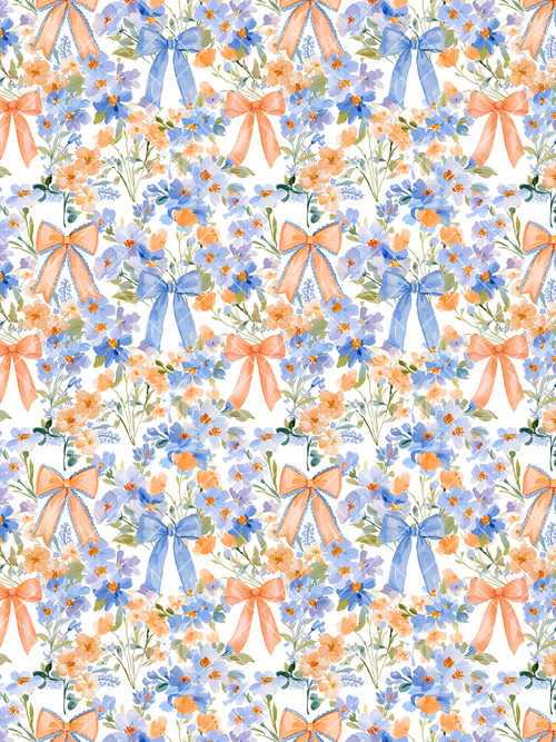 Watercolor seamless pattern with blue and peach flower bouquets, green leaves, and oversized blue and peach bows on white.