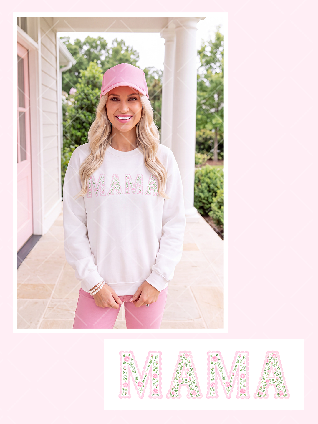 Pink scalloped MAMA lettering filled with tiny pink roses and green leafy vines, shown on a white sweatshirt mockup.