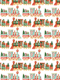 Watercolor Christmas pattern with red, green, and turquoise toy trains carrying wrapped gifts and miniature Christmas trees on a white background