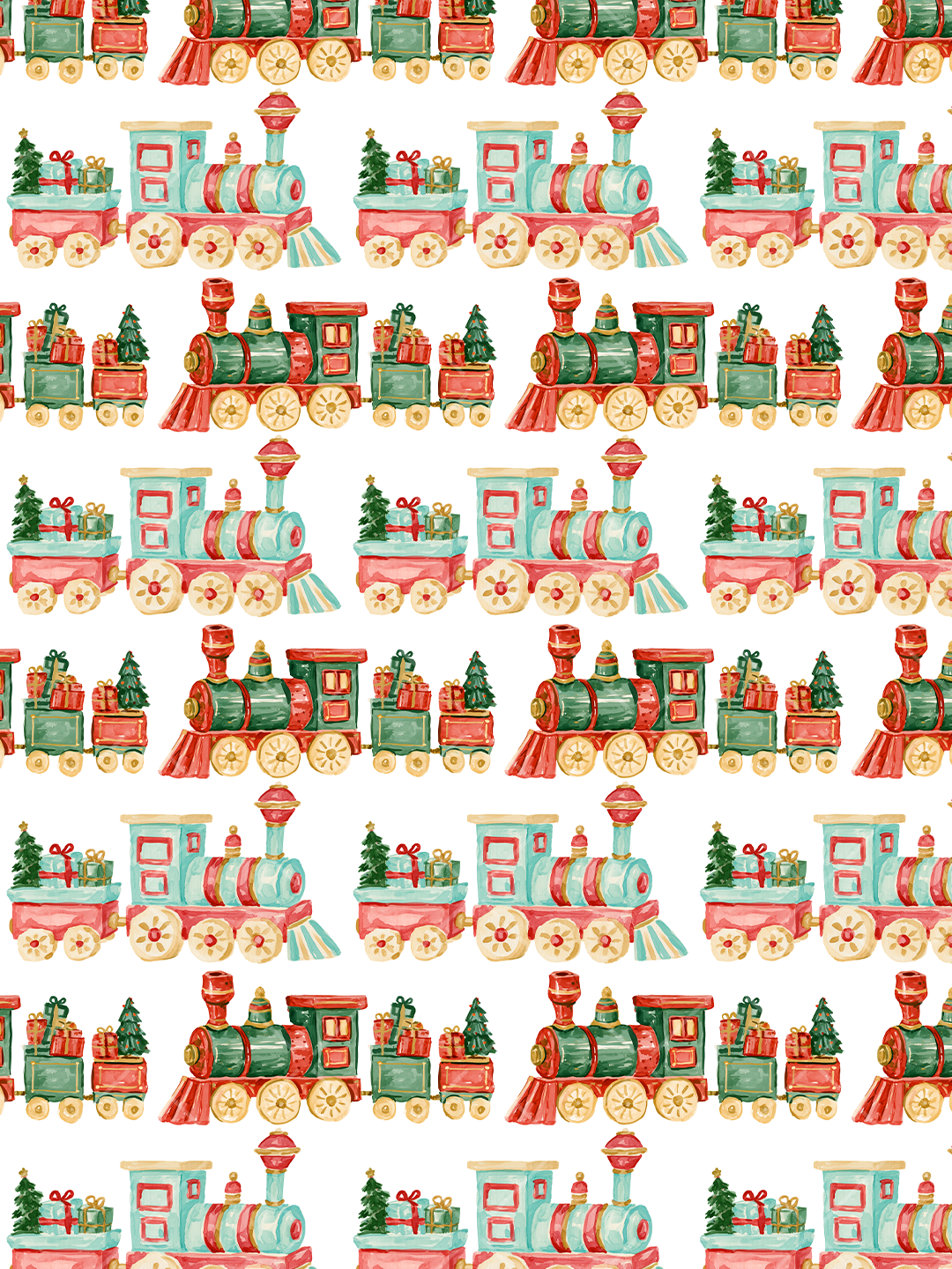 Watercolor Christmas pattern with red, green, and turquoise toy trains carrying wrapped gifts and miniature Christmas trees on a white background