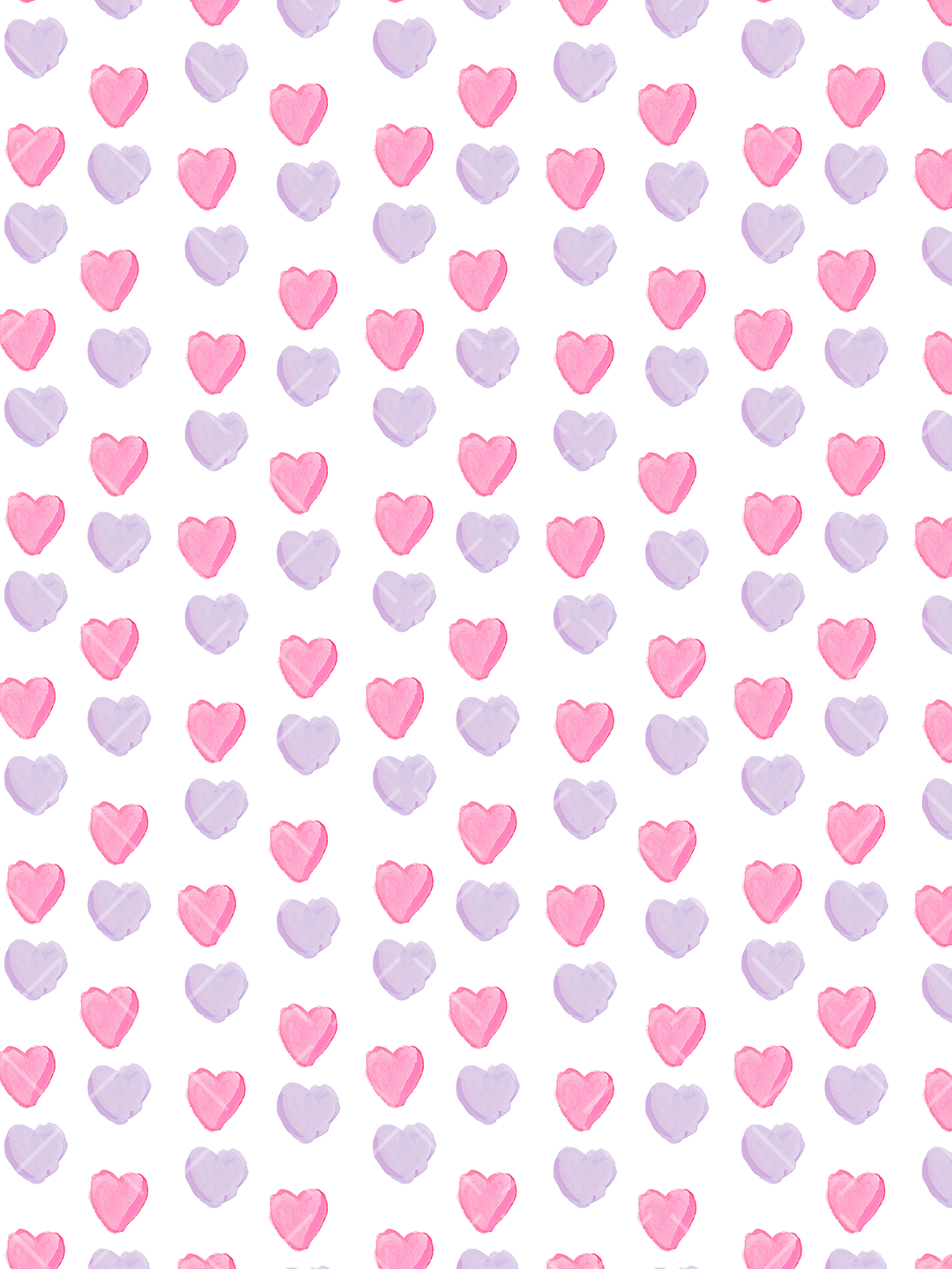 Seamless pattern of scattered hand-painted pink and lavender hearts on a white background