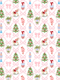 Preppy Christmas seamless pattern with pink bow lattice, decorated trees, nutcrackers, rocking horses, candy canes, gifts, and floral jars on white.