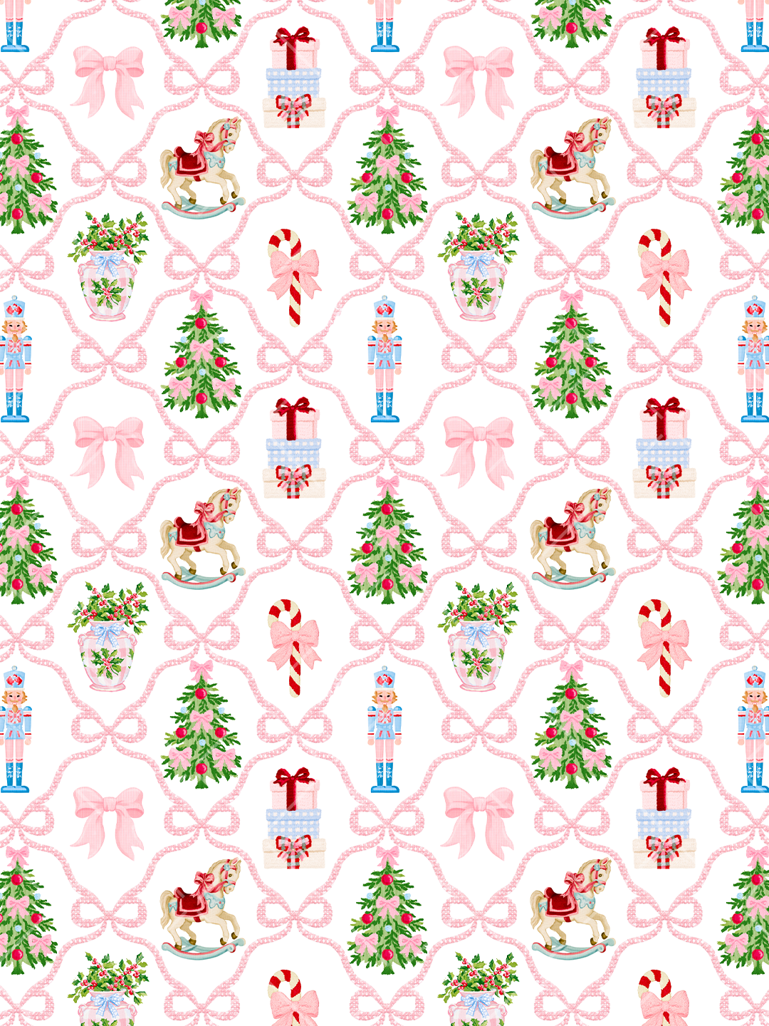Preppy Christmas seamless pattern with pink bow lattice, decorated trees, nutcrackers, rocking horses, candy canes, gifts, and floral jars on white.