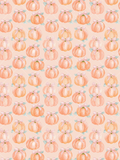 Seamless watercolor pattern of peachy orange pumpkins with pale pink bows and muted green leaves on a soft peach trellis background.