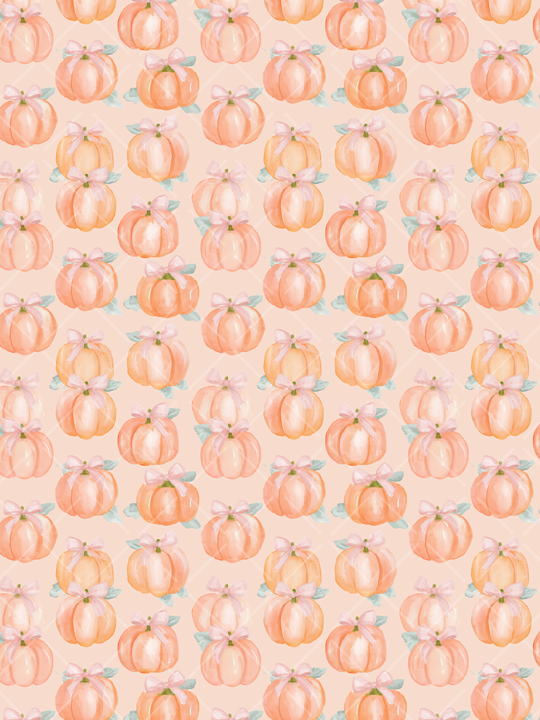 Seamless watercolor pattern of peachy orange pumpkins with pale pink bows and muted green leaves on a soft peach trellis background.