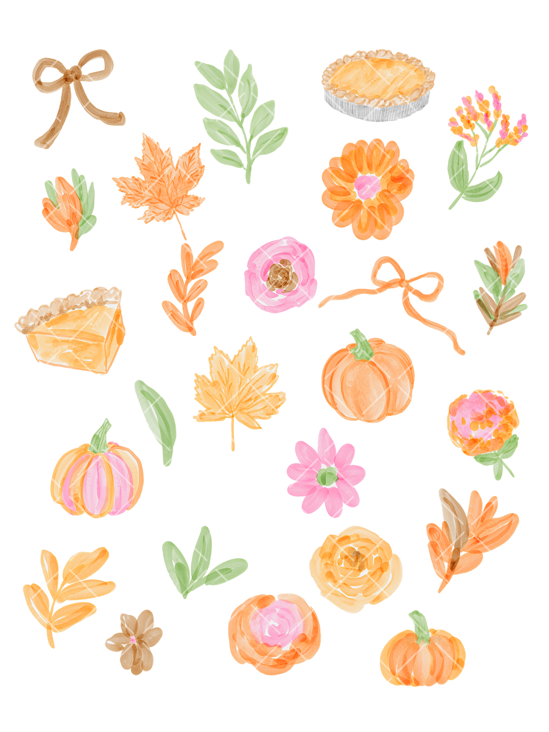 Watercolor Fall Clipart Pack – Pumpkins, Florals & Bows