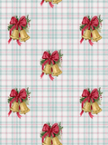 Watercolor golden Christmas bells with red bows and evergreen sprigs arranged on a pale blue and white plaid background.