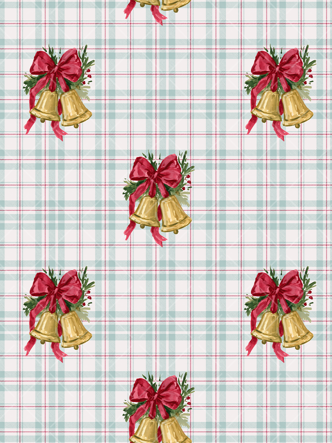 Watercolor golden Christmas bells with red bows and evergreen sprigs arranged on a pale blue and white plaid background.